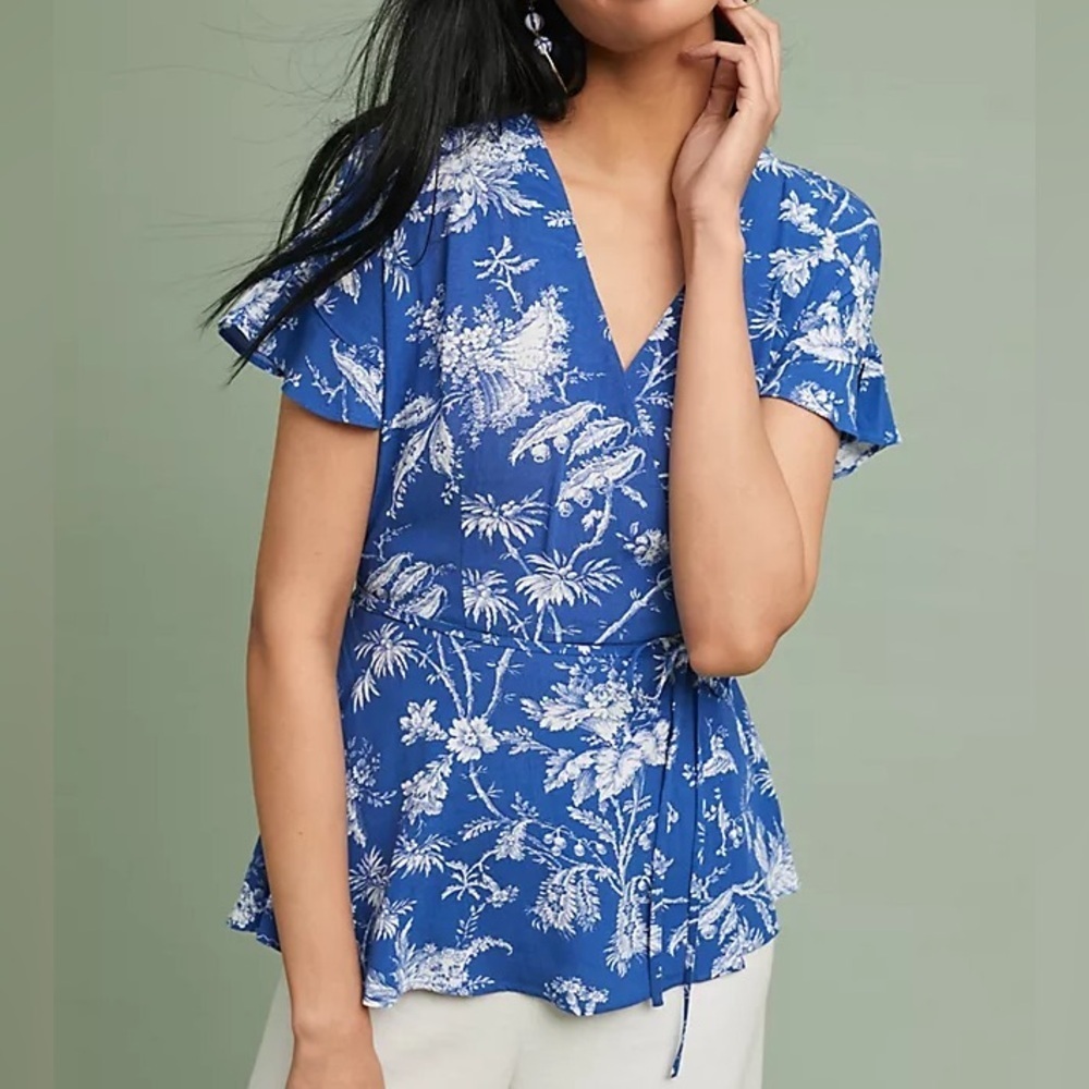 Anthropologie Maeve Clarita Toile Wrap Top US 2 Women Blouse Floral Blue